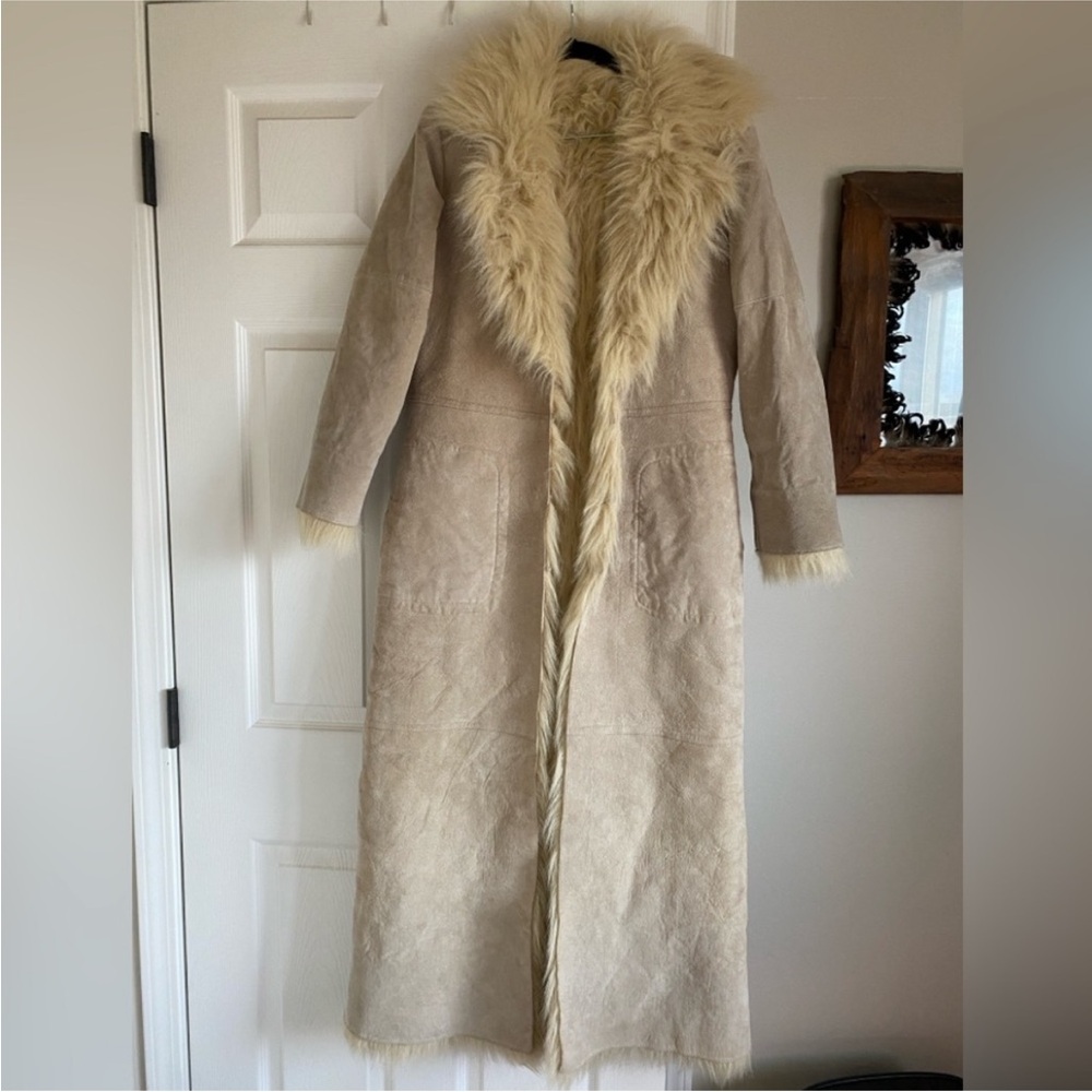 Genuine Leather Faux Fur Trimmed Coat